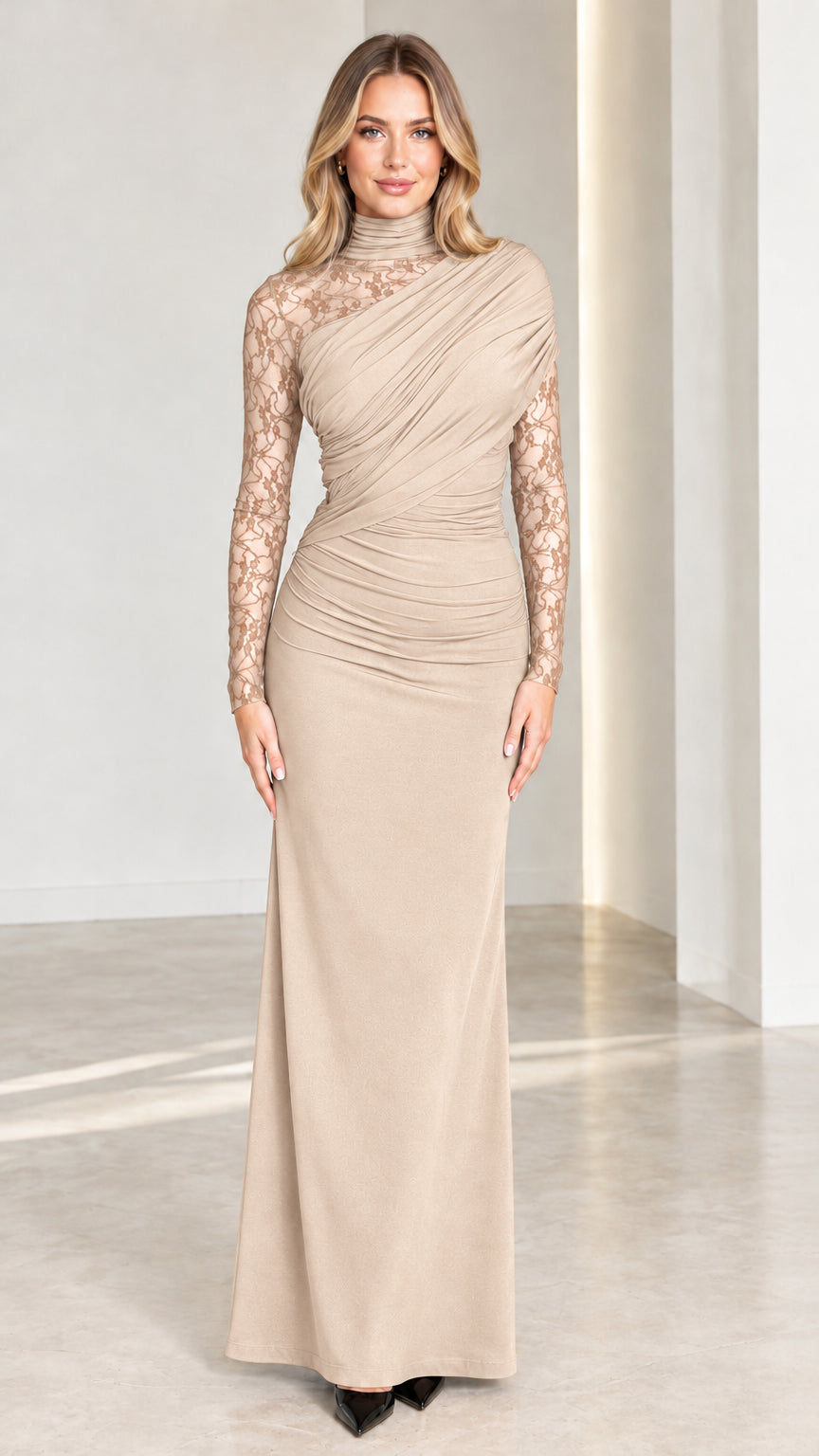 Front view of model wearing Champagne beige lace sleeve ruched evening dress