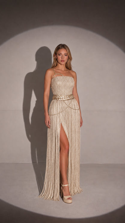 Champagne light gold one-shoulder fringe evening gown
