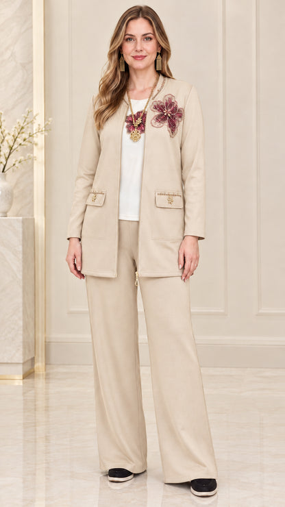 Full front view of women's beige two-piece floral embellished pants set