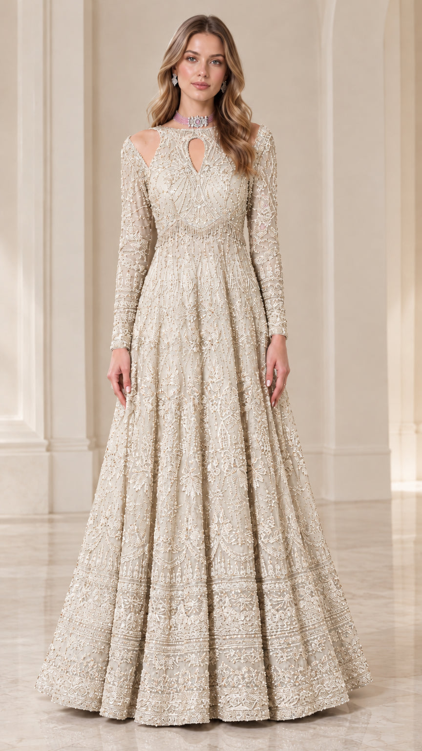 Full-length Champagne embroidered formal maxi gown