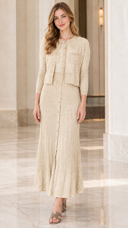 Model wearing beige cream two-piece textured knit cardigan and maxi dress set