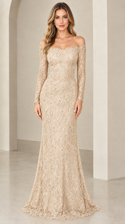 Front view of woman wearing champagne beige off-the-shoulder lace mermaid maxi dress