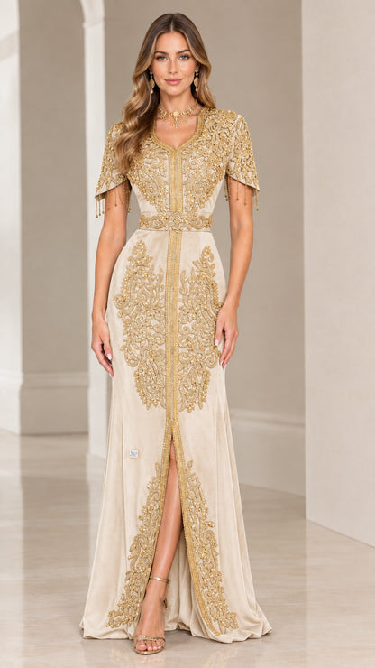 Full-length front view of champagne beige embroidered formal evening maxi dress