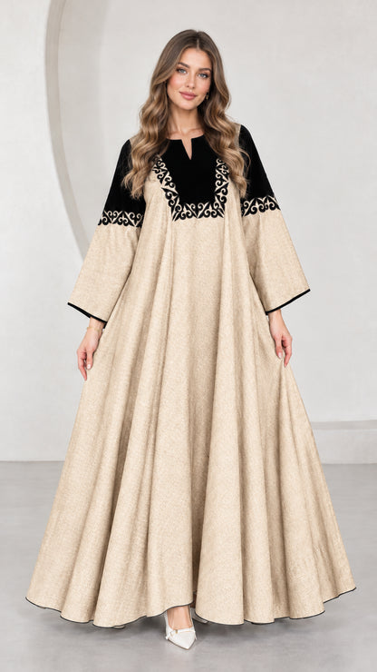 Front view of beige cream embroidered contrast yoke maxi dress