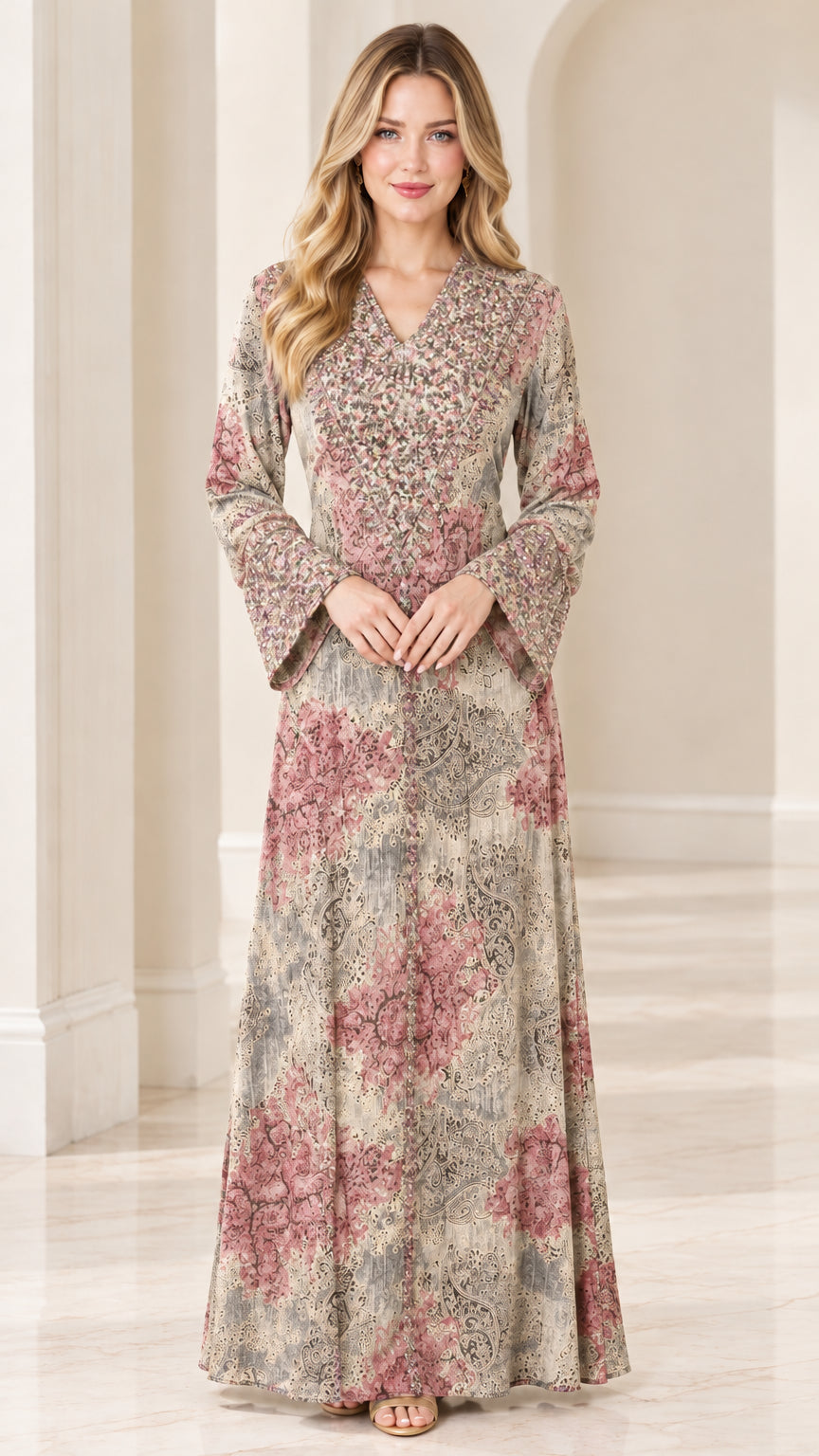 Front view of woman wearing champagne beige patterned long sleeve maxi dress