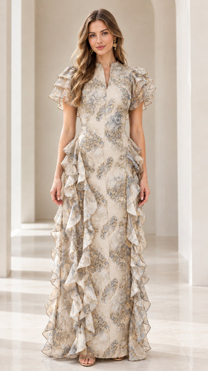 Full-length view of Champagne beige floral flutter sleeve formal maxi dress