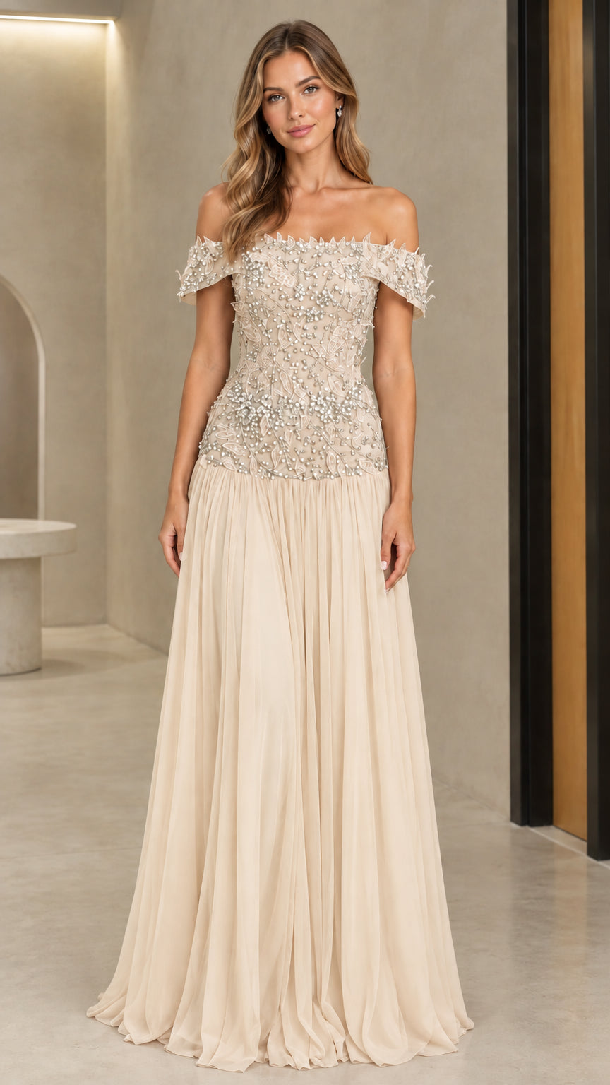 Front view of champagne beige off-the-shoulder embellished evening gown