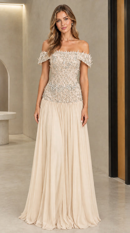 Front view of champagne beige off-the-shoulder embellished evening gown