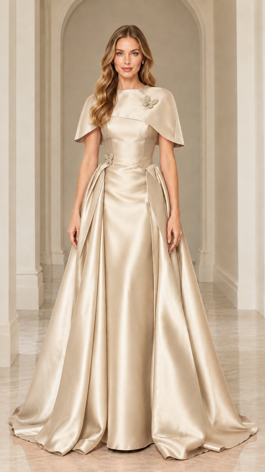 Champagne gold satin capelet formal dress with A-line maxi skirt