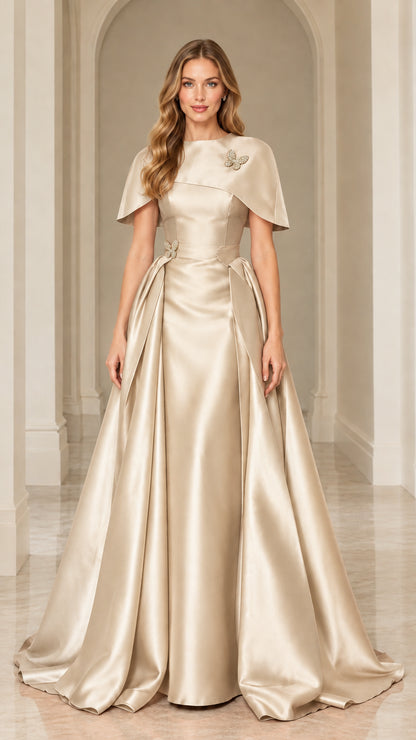 Champagne gold satin capelet formal dress with A-line maxi skirt