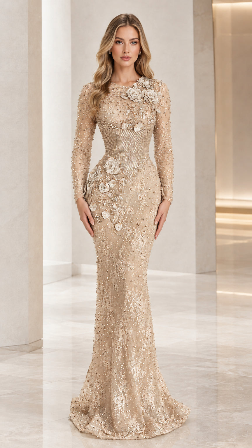 Champagne gold floral appliqué beaded long sleeve mermaid gown