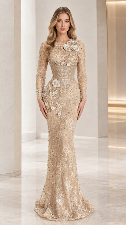 Champagne gold floral appliqué beaded long sleeve mermaid gown