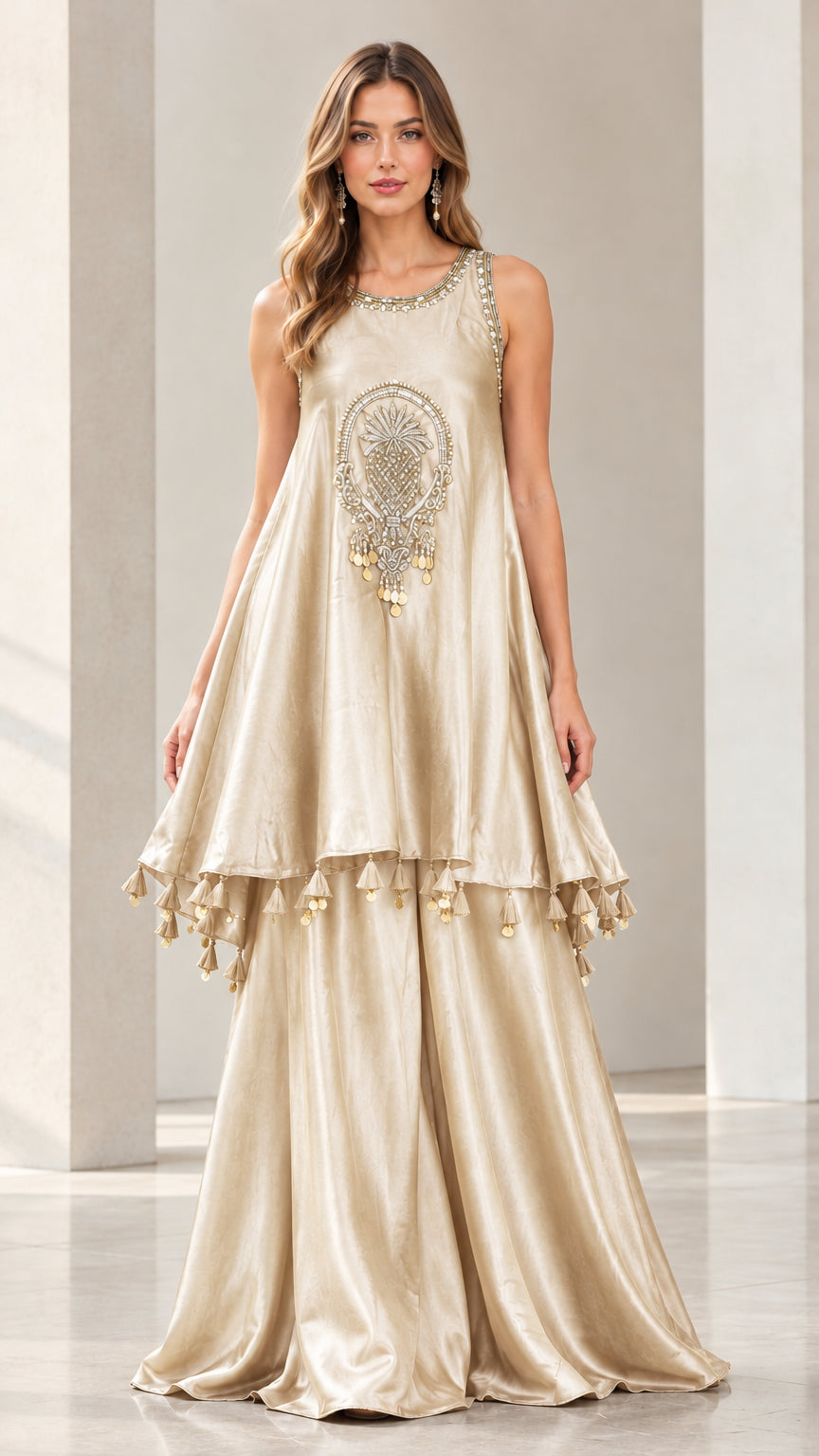 Front view of woman wearing Champagne Gold embroidered sleeveless tunic and wide-leg pants set