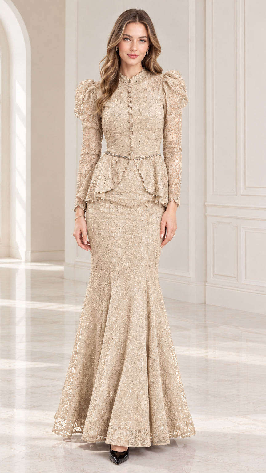Model wearing champagne beige long sleeve lace peplum formal gown