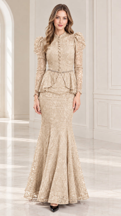 Model wearing champagne beige long sleeve lace peplum formal gown