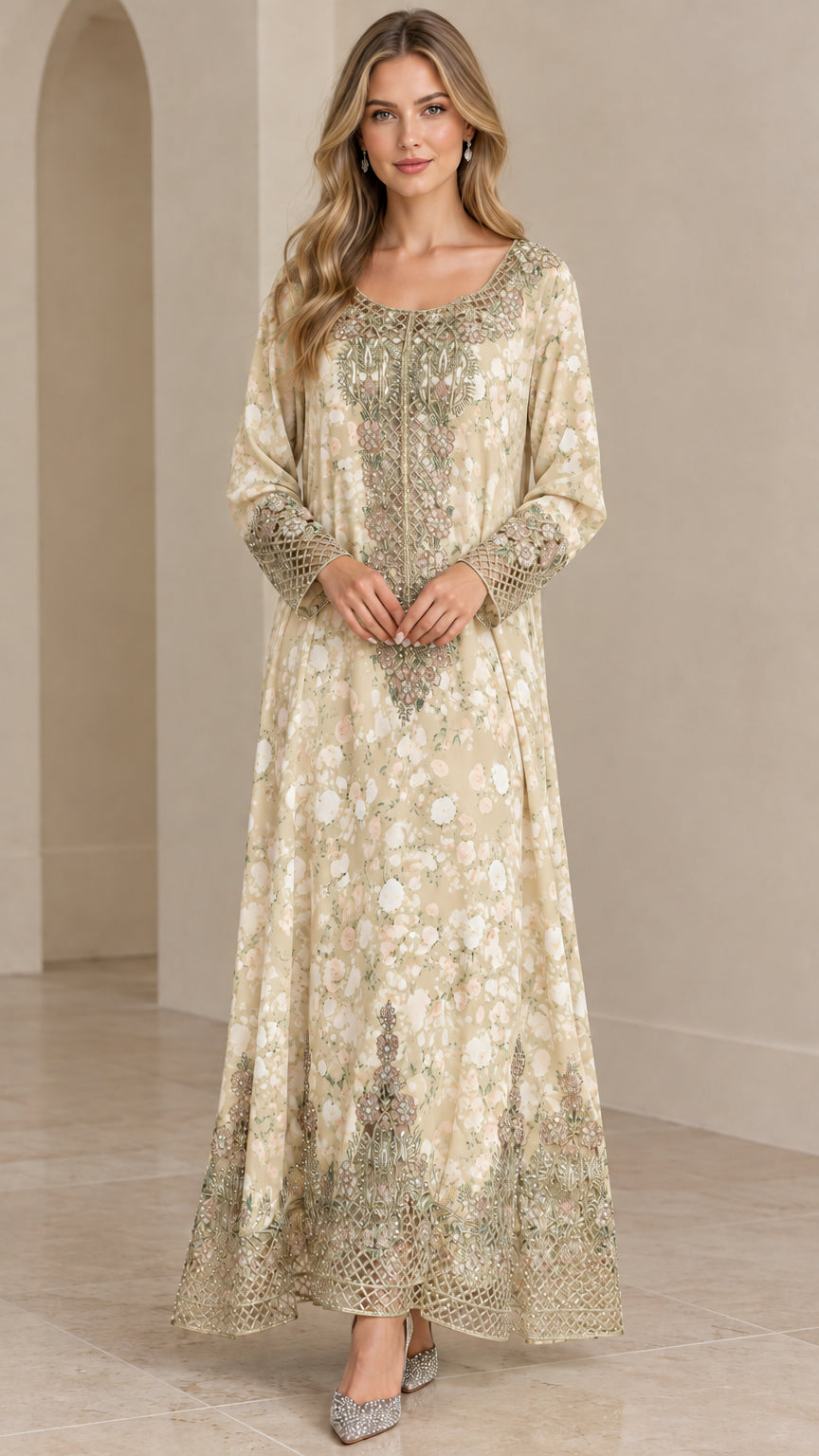 Champagne floral embroidered long sleeve maxi dress front view