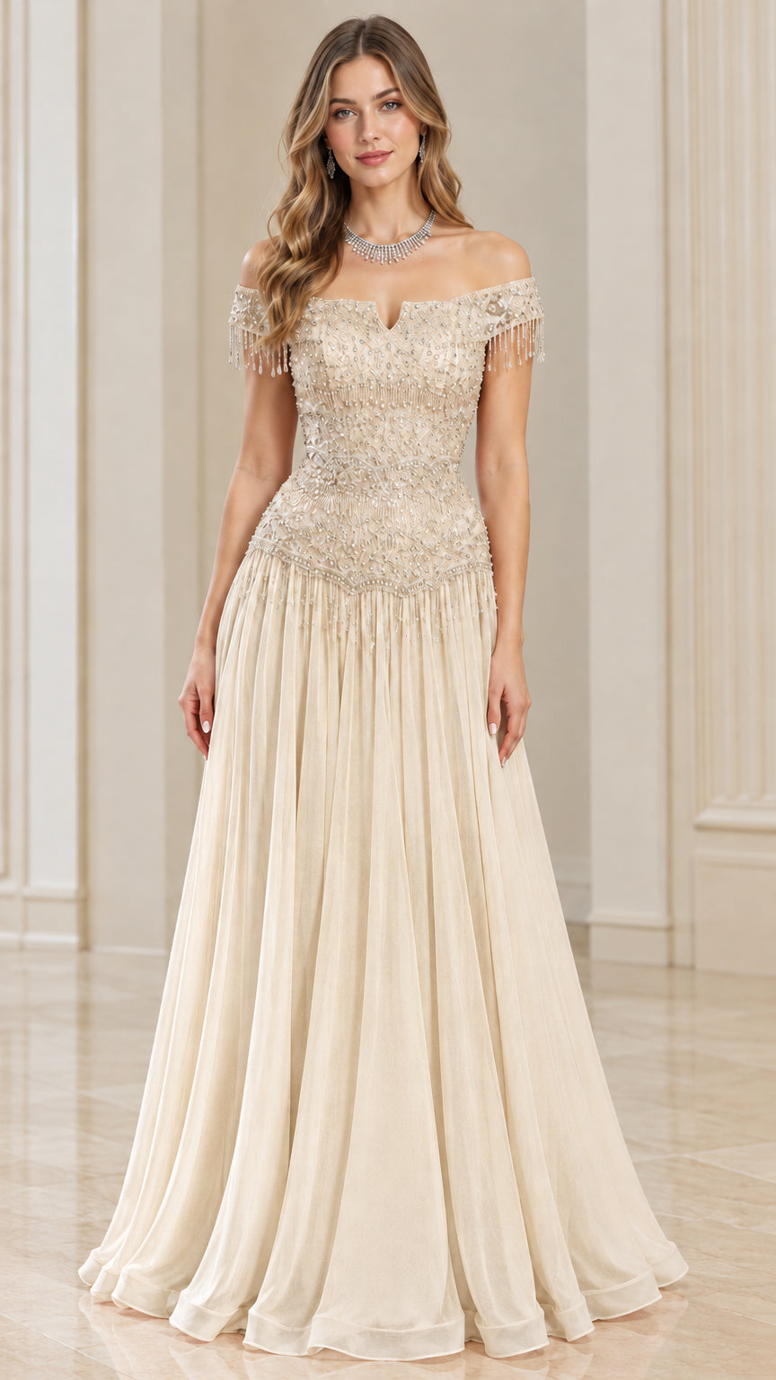 Champagne gold off-the-shoulder beaded fringe formal maxi dress front view