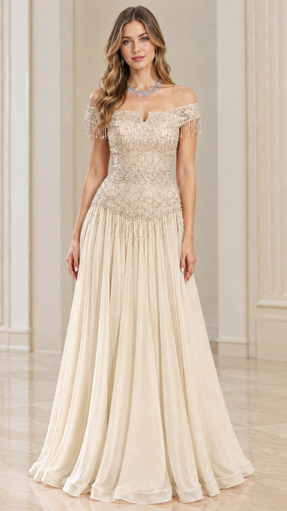 Champagne gold off-the-shoulder beaded fringe formal maxi dress front view