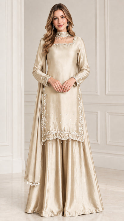 Front view of champagne gold embroidered satin sharara suit set