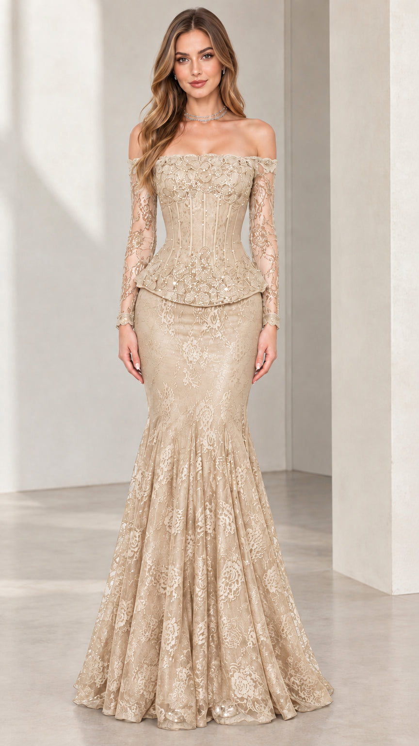 Full-length front view of woman wearing champagne gold lace mermaid evening gown
