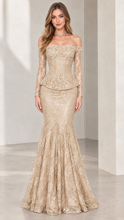Full-length front view of woman wearing champagne gold lace mermaid evening gown