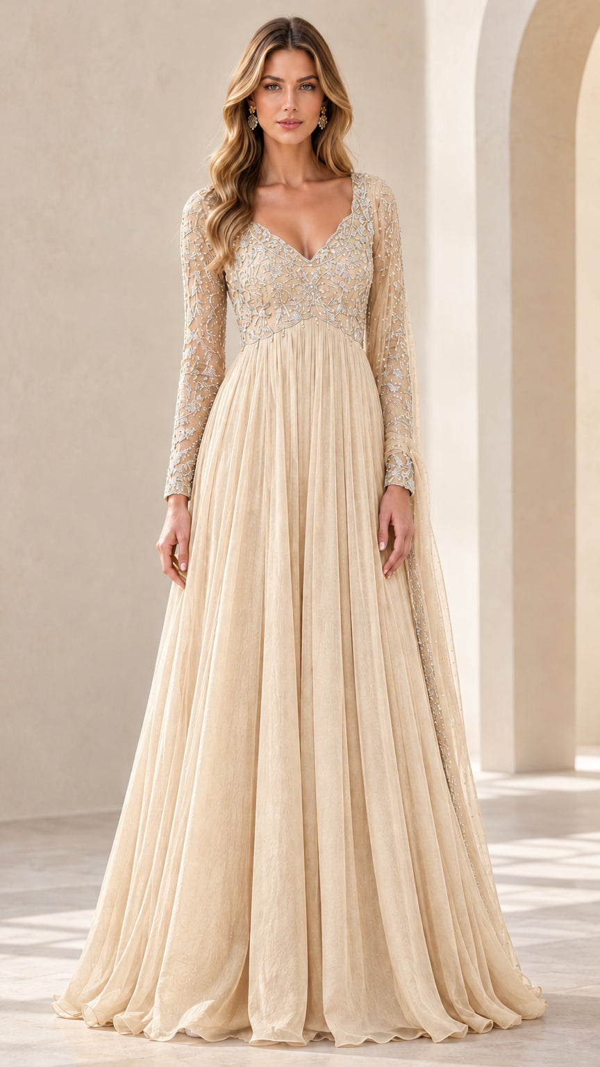 Champagne beige embroidered long sleeve formal maxi dress