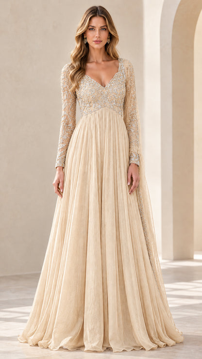Champagne beige embroidered long sleeve formal maxi dress