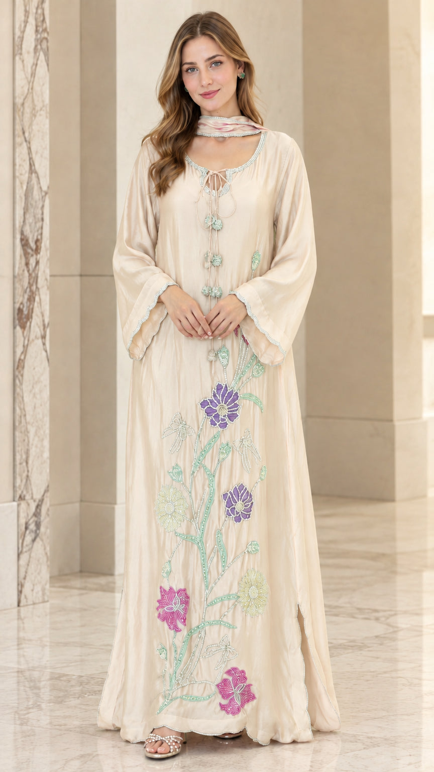 Front view of woman wearing Champagne off-white beaded floral kaftan maxi dress
