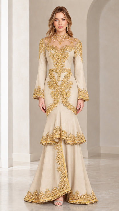 Champagne beige long-sleeve evening gown with gold embroidery and mermaid hem