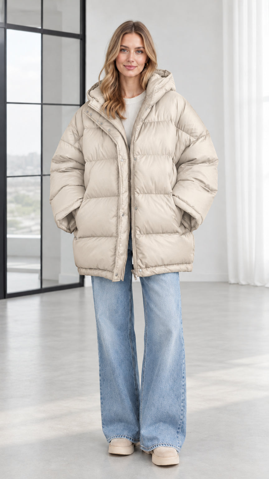 Front view of model wearing cream beige oversized hooded puffer jacket