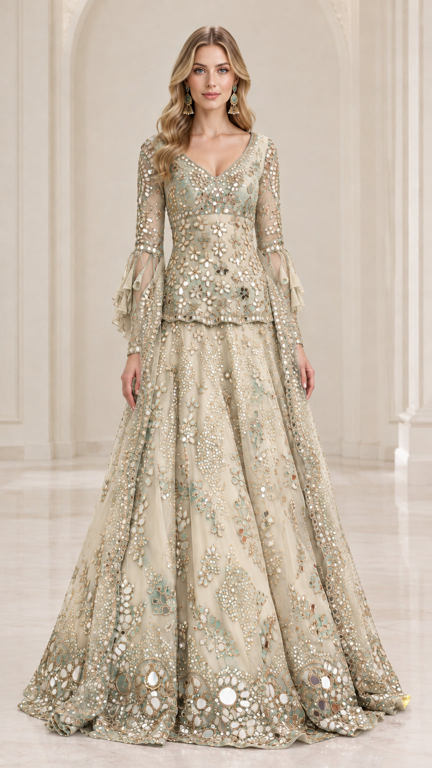 Front view of model wearing Champagne gold embroidered evening gown