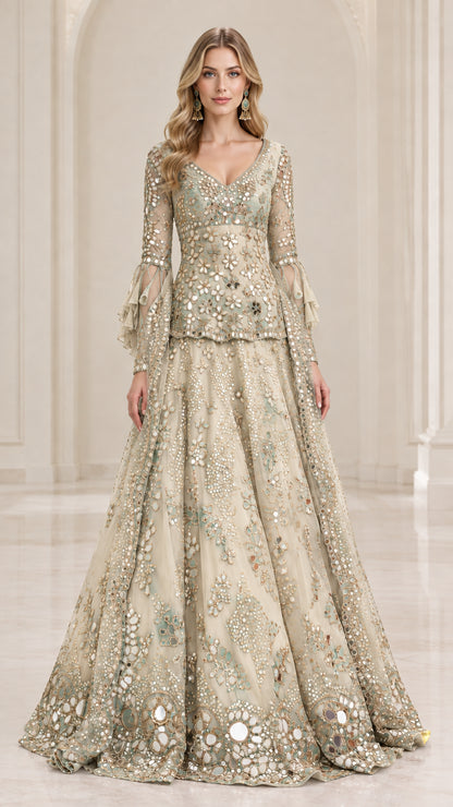 Front view of model wearing Champagne gold embroidered evening gown