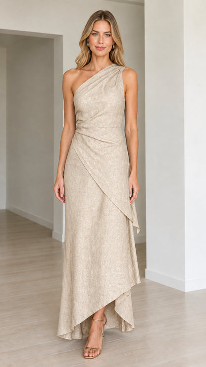 Full-length front view of the one-shoulder draped maxi dress in neutral Champagne
