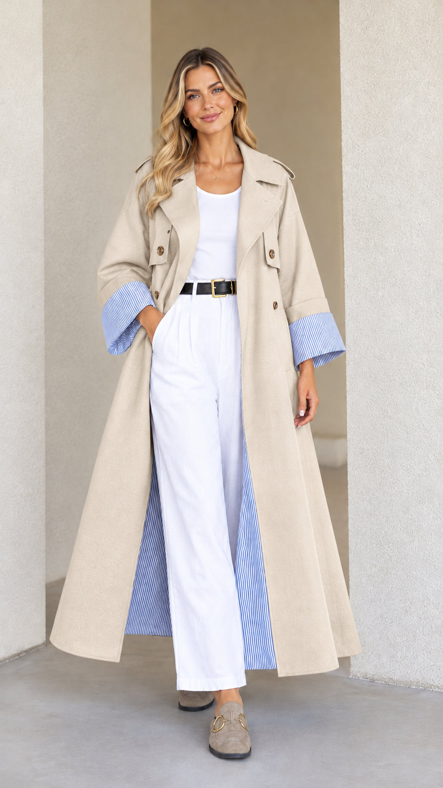 Front view of model wearing Beige Sand maxi trench duster coat with contrast striped cuffs