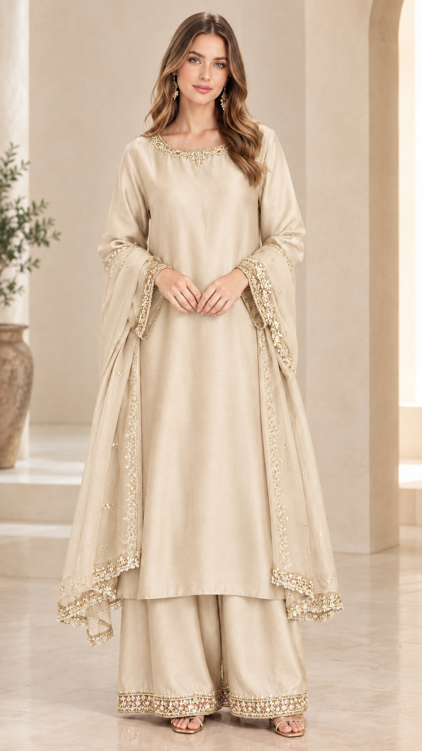 Champagne beige embroidered kurta palazzo ensemble with scalloped dupatta