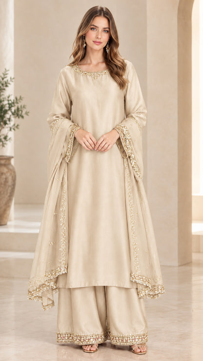 Champagne beige embroidered kurta palazzo ensemble with scalloped dupatta