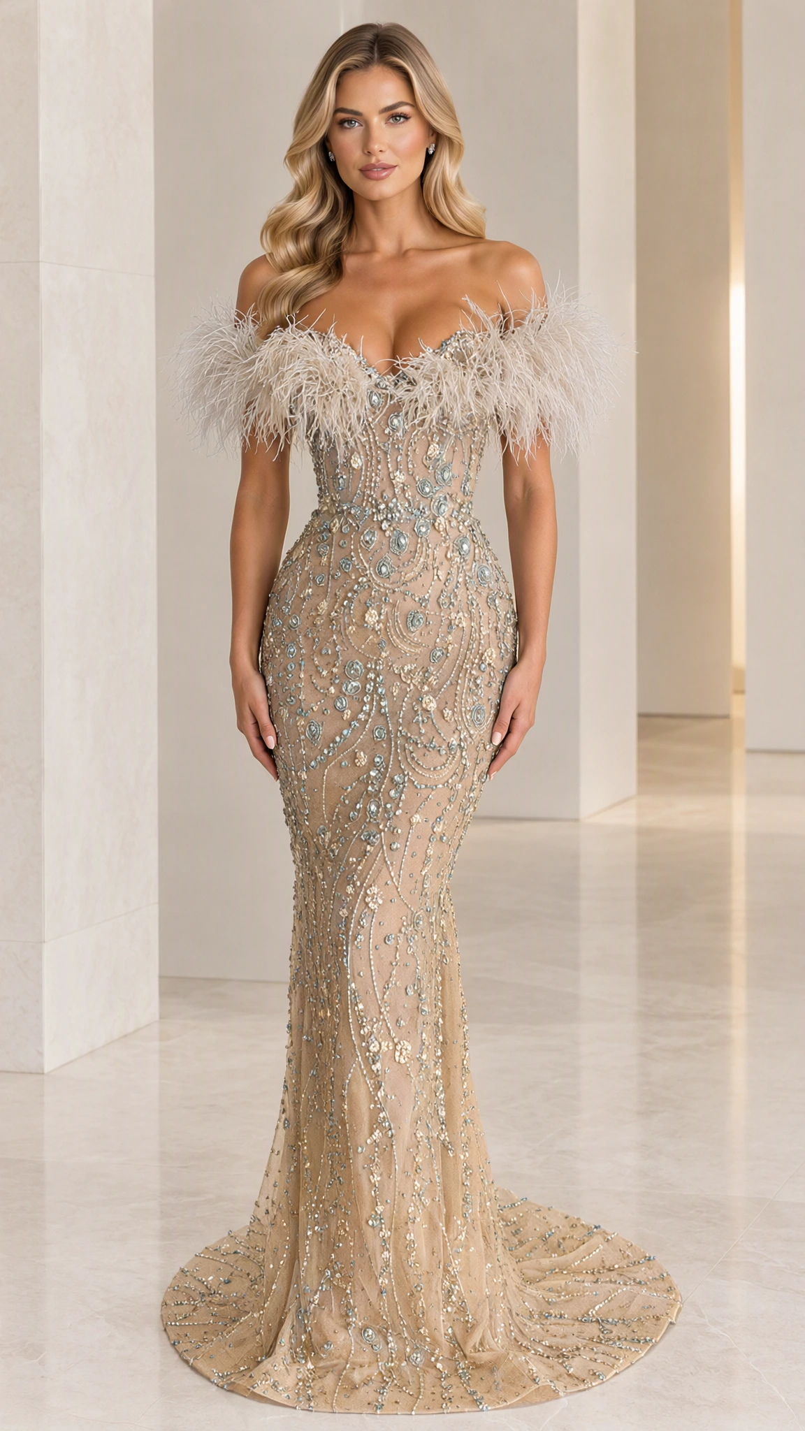 Front view of champagne gold off-the-shoulder beaded mermaid gown with feather trim