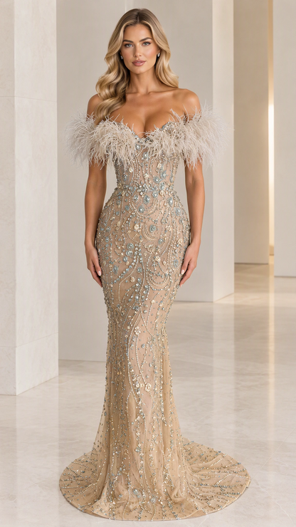 Front view of champagne gold off-the-shoulder beaded mermaid gown with feather trim