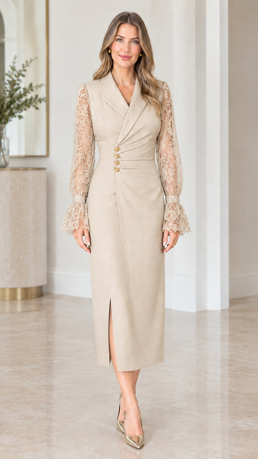 Front view of model wearing champagne beige tailored lace sleeve midi dress
