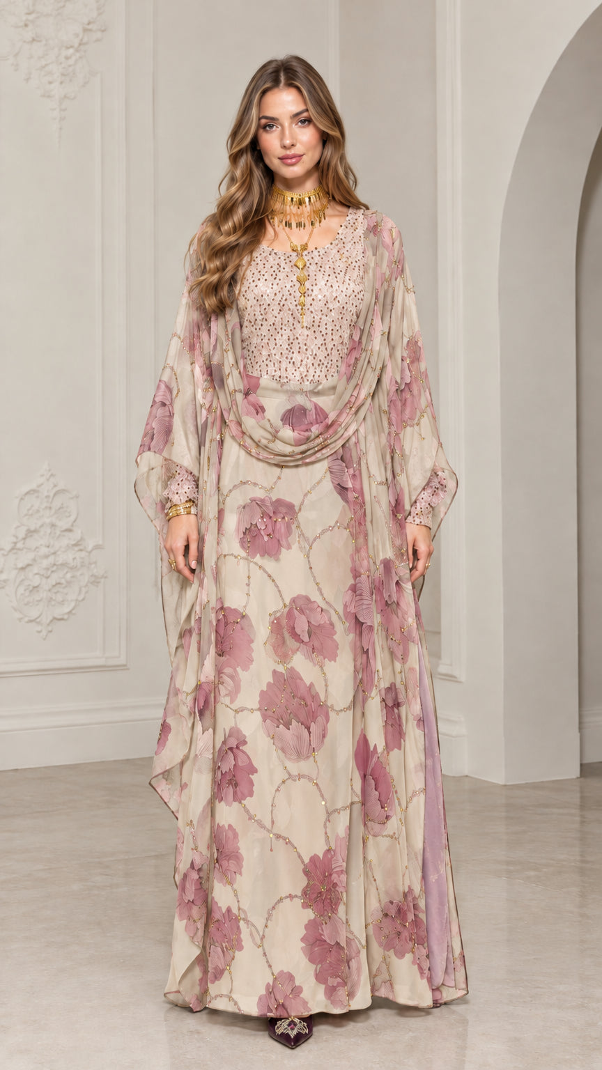 Model wearing champagne beige floral print sequin kaftan maxi dress