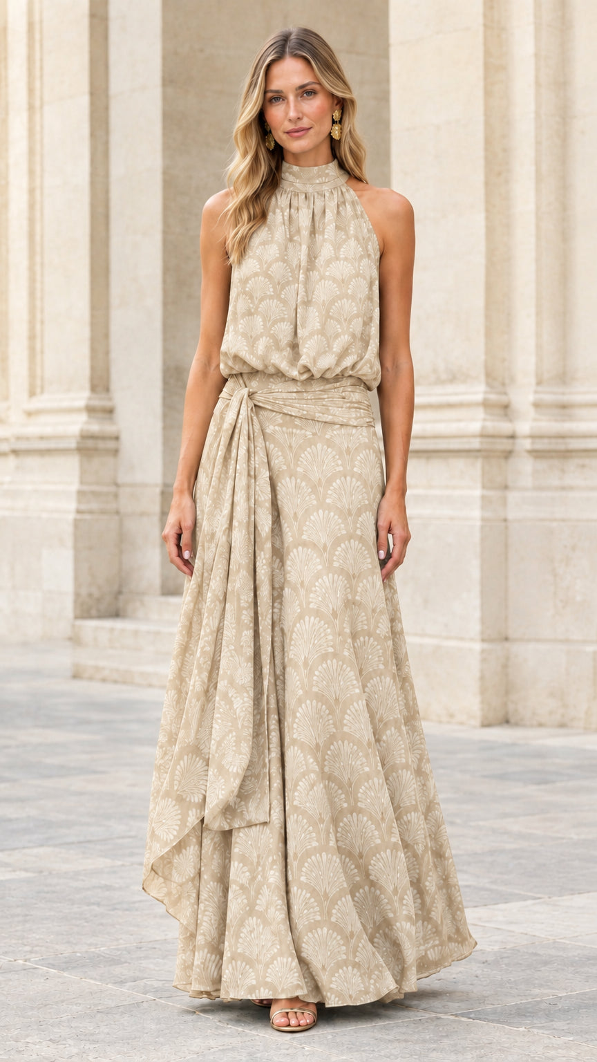 Front view of champagne beige halter neck pleated evening gown