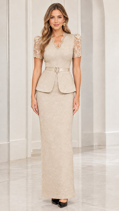 Champagne beige lace peplum evening gown with crystal belt on model