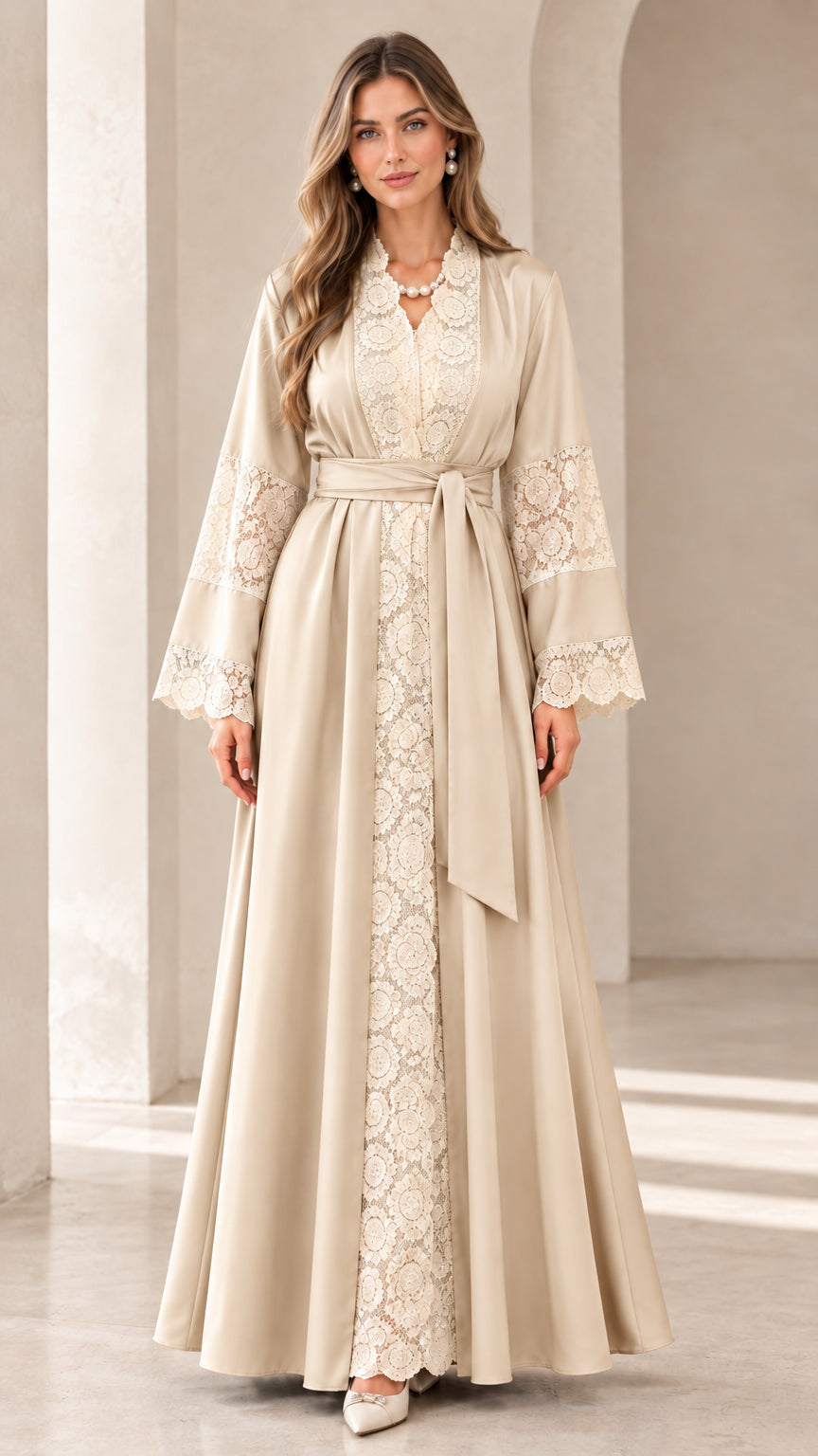 Front full view of Champagne beige floral lace long sleeve maxi dress