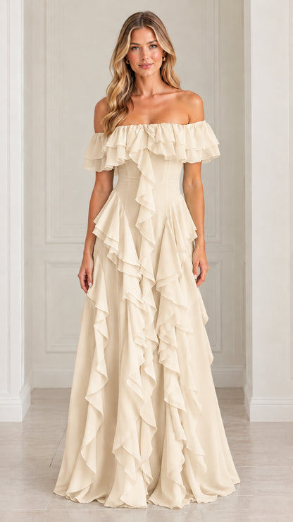 Front view of champagne cream off-the-shoulder tiered ruffle formal gown
