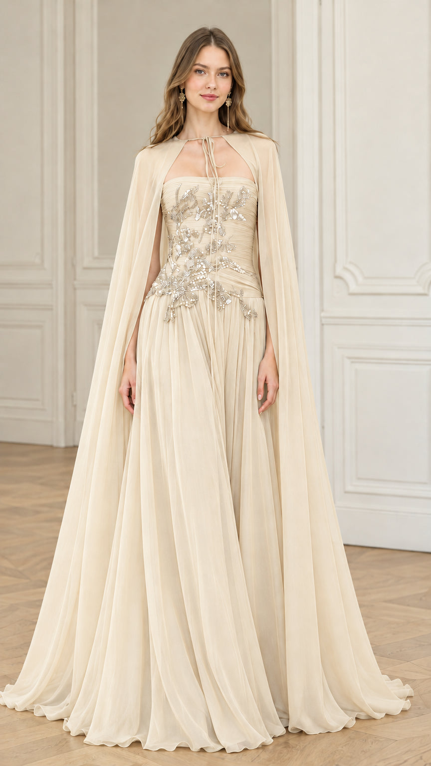 Champagne cream strapless beaded chiffon formal gown with floor-length cape