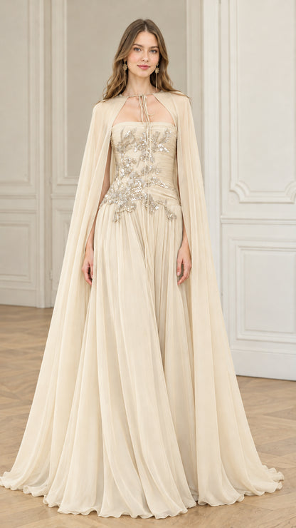 Champagne cream strapless beaded chiffon formal gown with floor-length cape