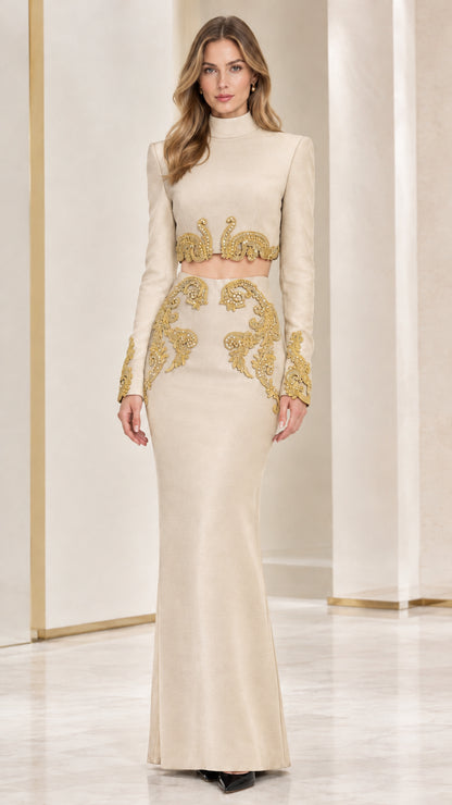 Front full-length view of Champagne ivory two-piece evening dress with gold embroidery