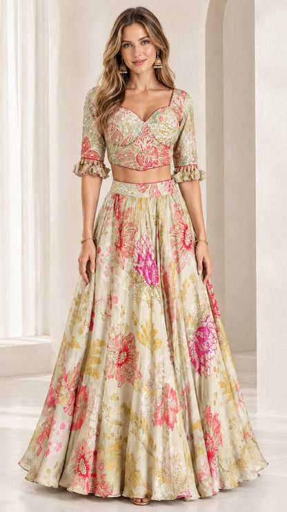 Front view of champagne cream floral print two-piece crop top and maxi skirt set