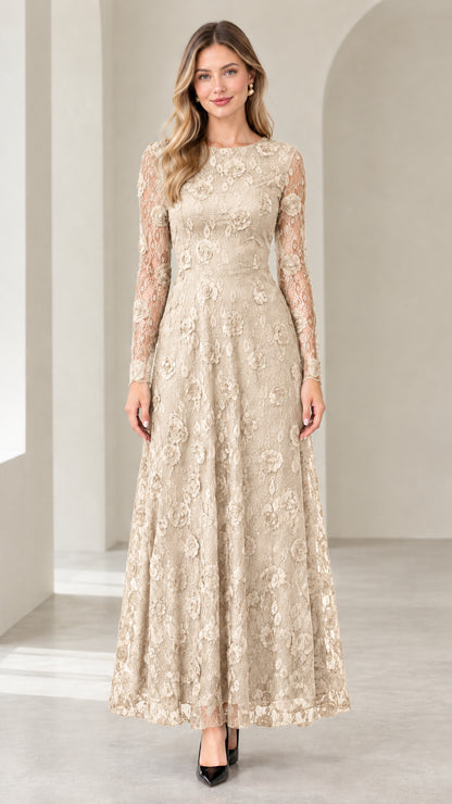 Champagne beige long sleeve lace evening maxi gown