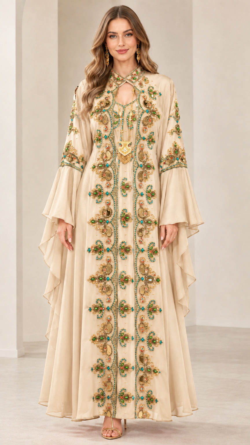 Champagne beige embroidered kaftan maxi dress front view